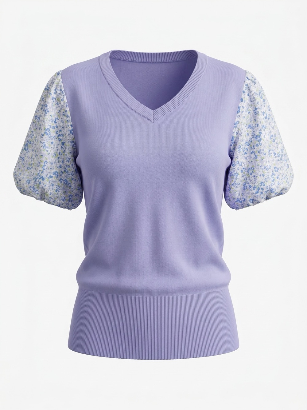 Joseph A. Light Denim Periwinkle Knit V-Neck Floral Puff Sleeve Top Size M NWT